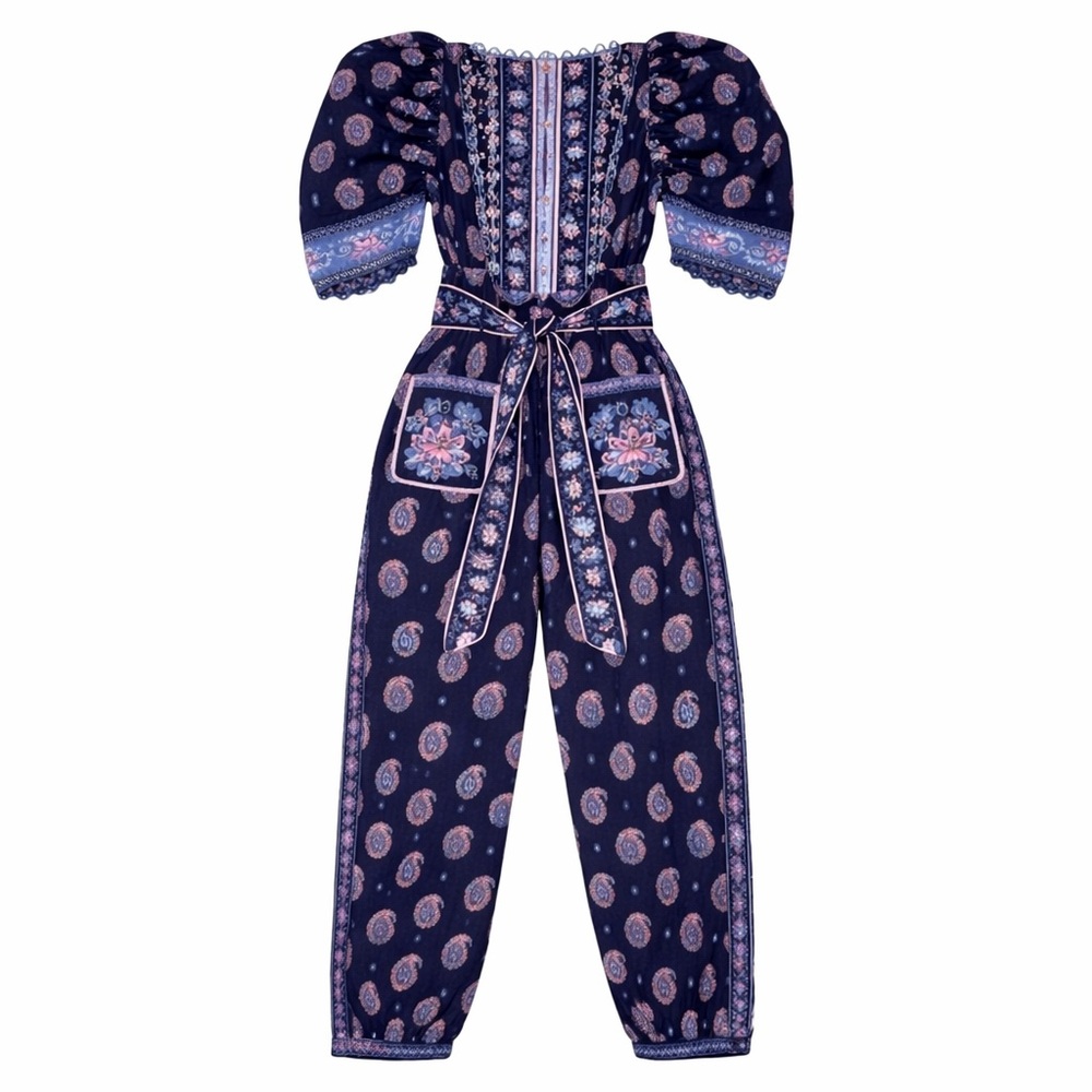 FARM Rio Printed Cotton Poplin Puff Sleeve Jumpsuit Navy Size Medium - Picture 2 of 9